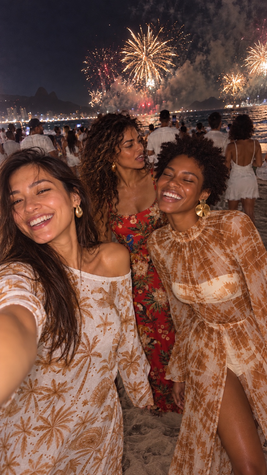 Três amigas fazem uma selfie com os fogos do réveillon