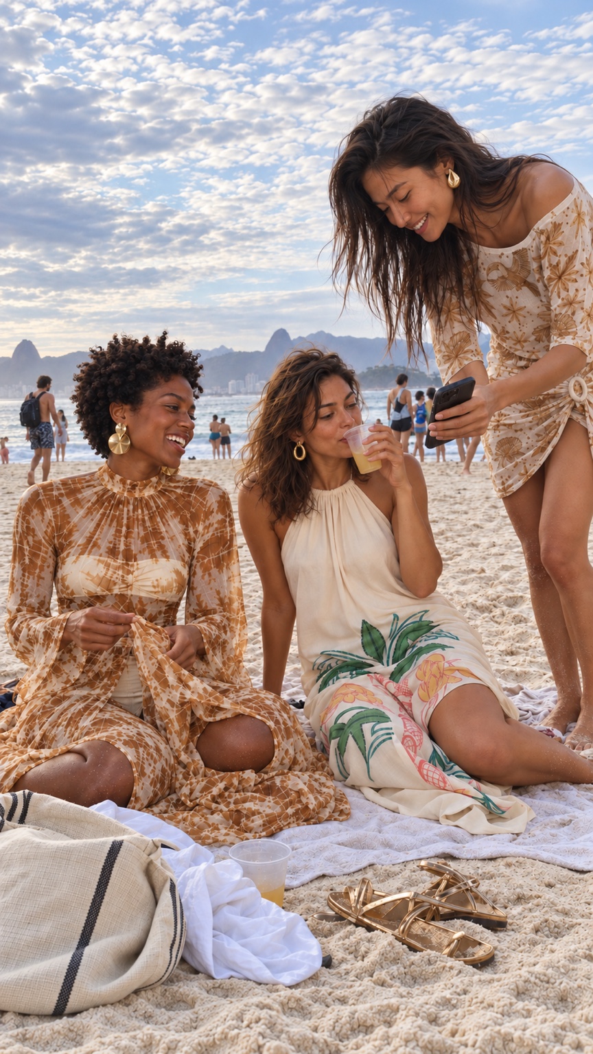 As amigas conversam juntas na areia ao amanhecer