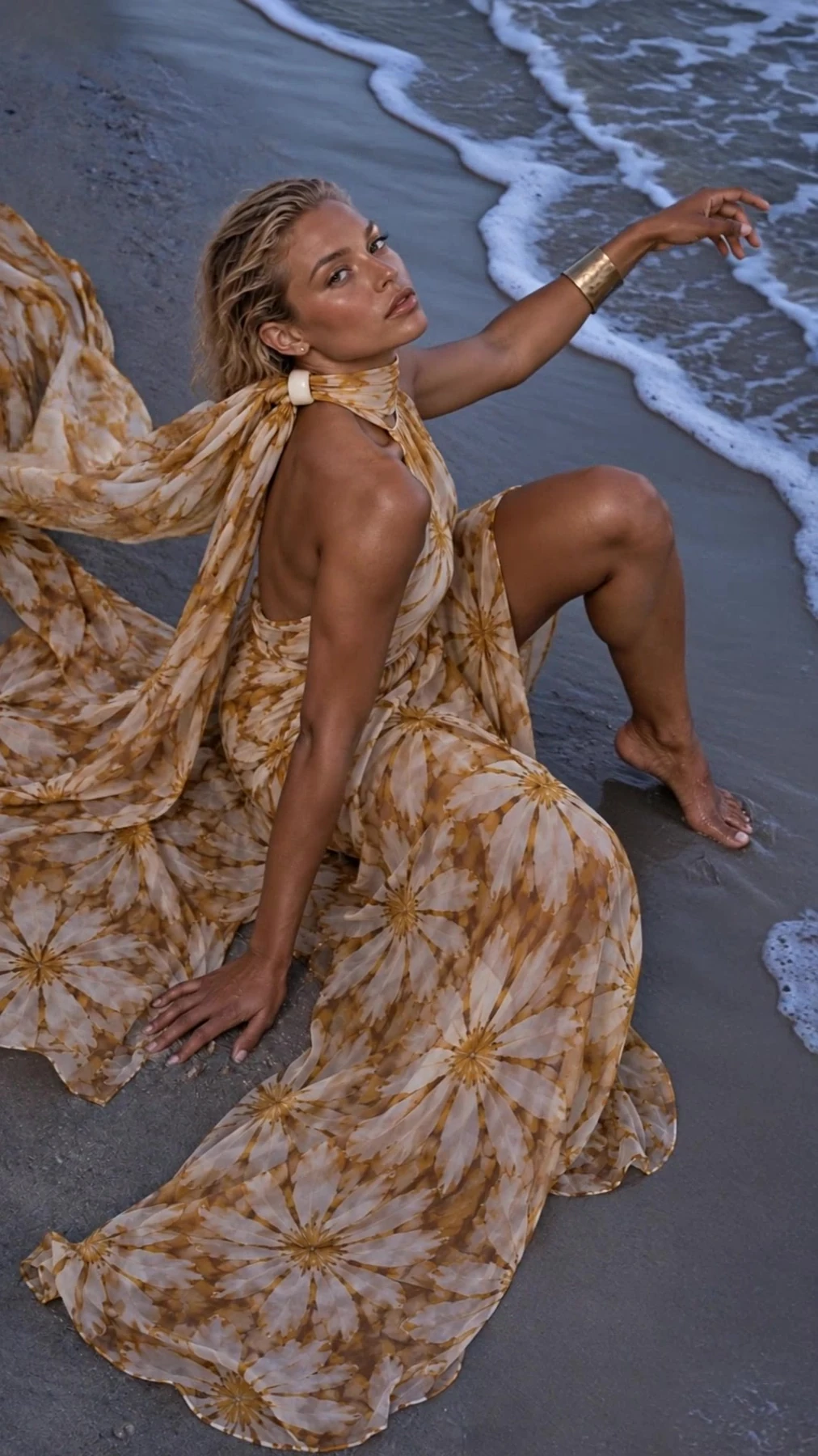 Modelo loira gira enquanto o chiffon floral acompanha o vento